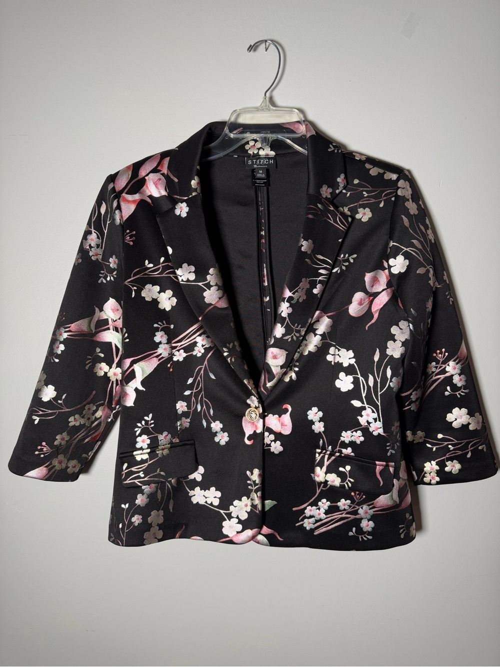 Black Floral-Print Women's Blazer with Pink Blossom Accents